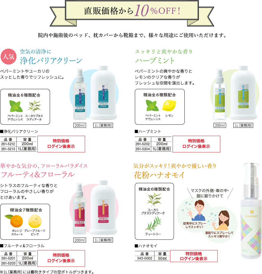 直販価格から10％OFF!　院内や施術後のベット、枕カバーから靴箱まで、様々な用途にご使用いただけます。　人気空気の清浄に浄化バリアクリーン　スッキリと爽やかな香りハーブミント　華やかな気分の、フローラルバラダイス　フルーティ＆フローラル　気分がスッキリ！爽やかで優しい香り花粉ハナオモイ