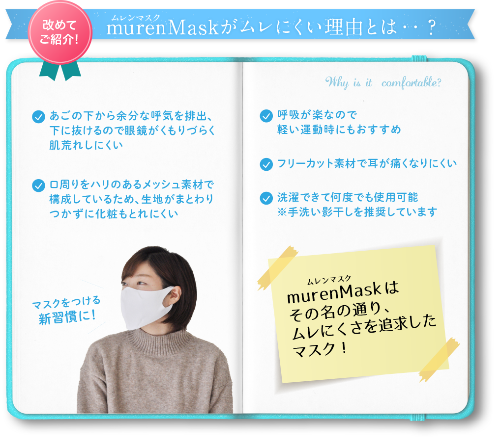 murenMaskが蒸れにくい理由　呼吸が楽　フリーカット素材で耳が痛くなりい　ああ御下から余分な呼気を排出　生地がまとわりつかず化粧もとれにくい