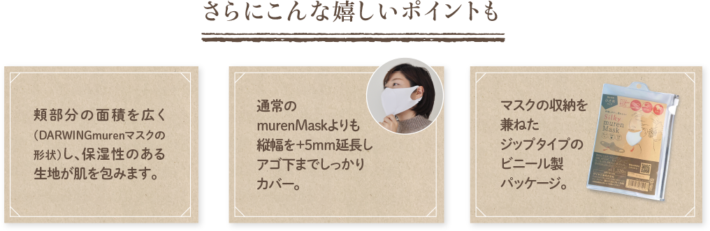 嬉しいポイント　保湿性のある生地が肌を包みます。　縦幅を＋5ｍｍ延長。顎下までしっかりカバー。　ジップタイプのビニール製パッケージ